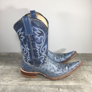 Blue Smooth Ostrich Men’s Leather Cowboy Western Roper Pull On Boots Size 7